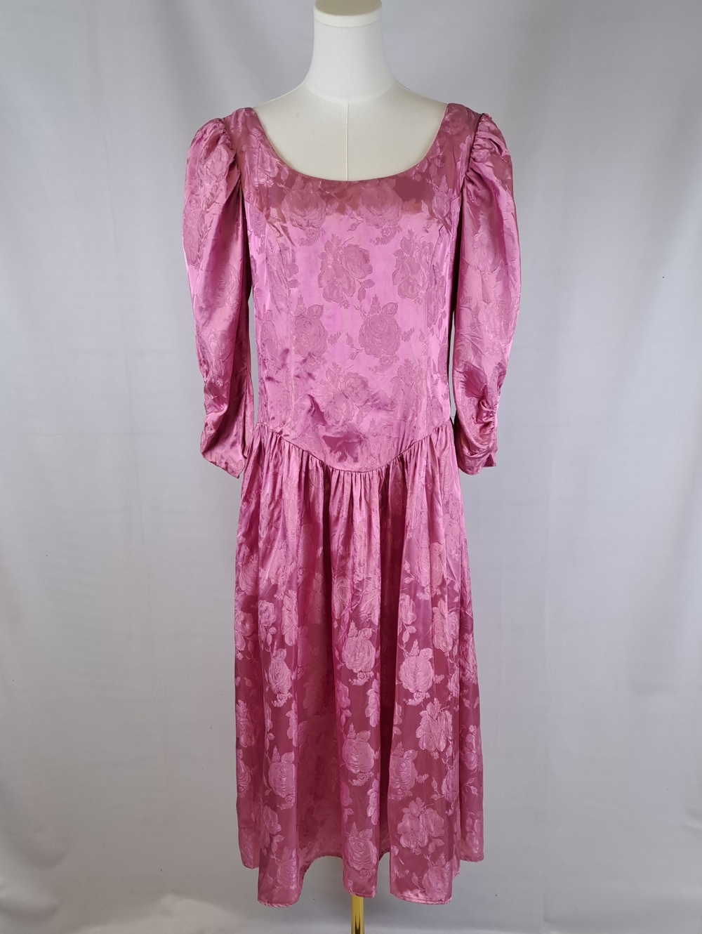 Vintage 80s Pink Floral Satin Jacquard Puff Sleeve Bow Back Drop Waist Dress S
